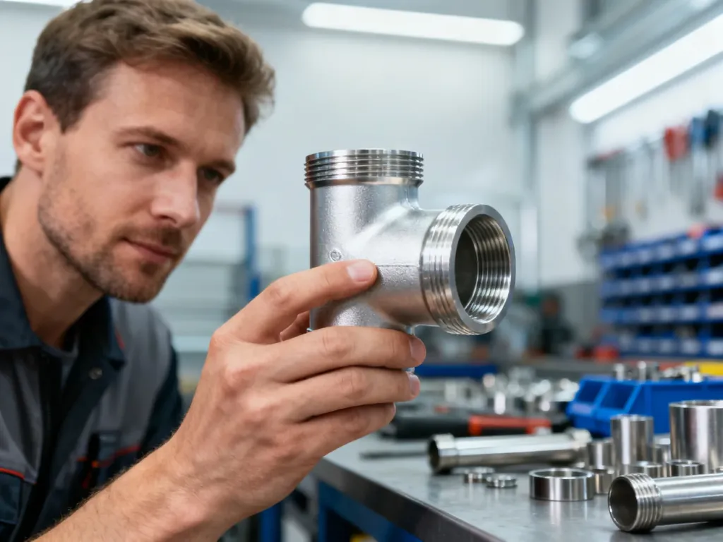 Specjalista trzymający w dłoni metalową złączkę hydrauliczną w nowoczesnym warsztacie.