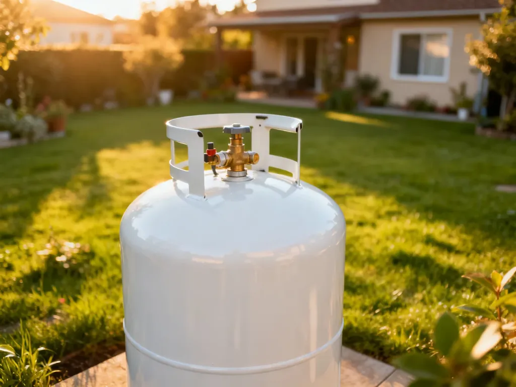 Nowoczesny, biały zbiornik na gaz LPG ustawiony w przydomowym ogrodzie w świetle zachodzącego słońca.