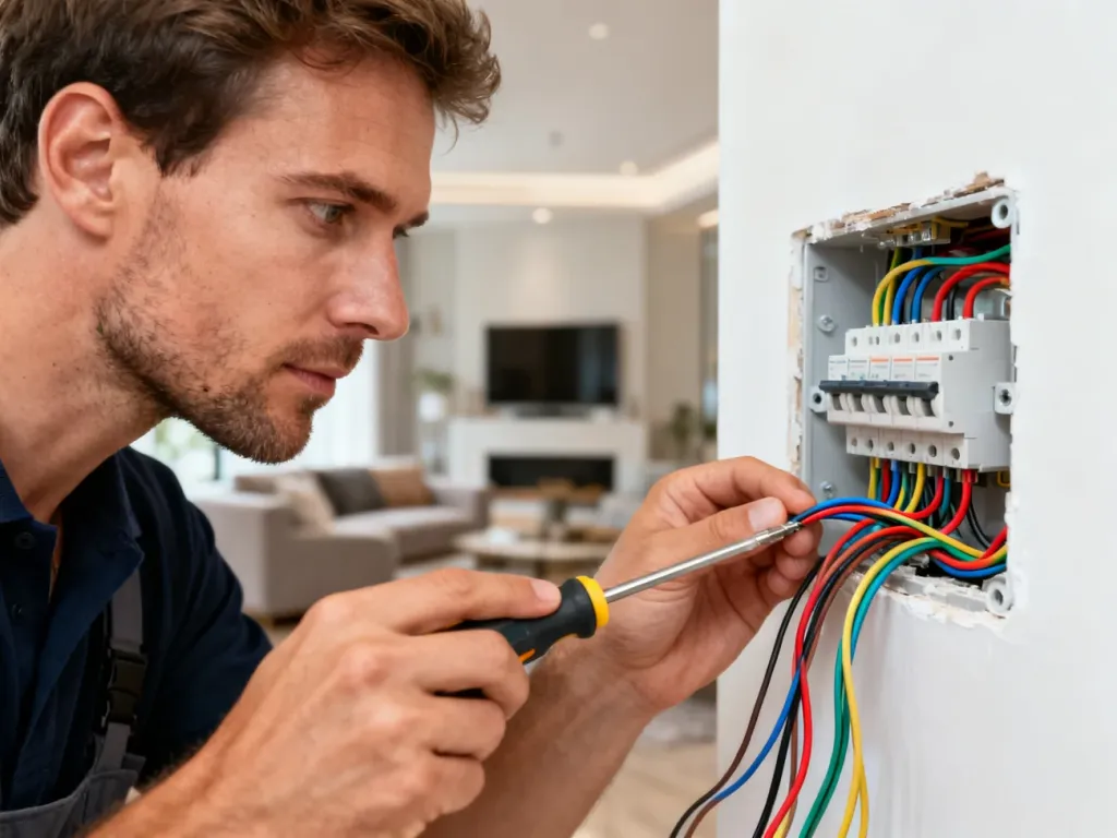 Elektryk podłącza kolorowe przewody w puszce instalacyjnej, przygotowując montaż włącznika światła.